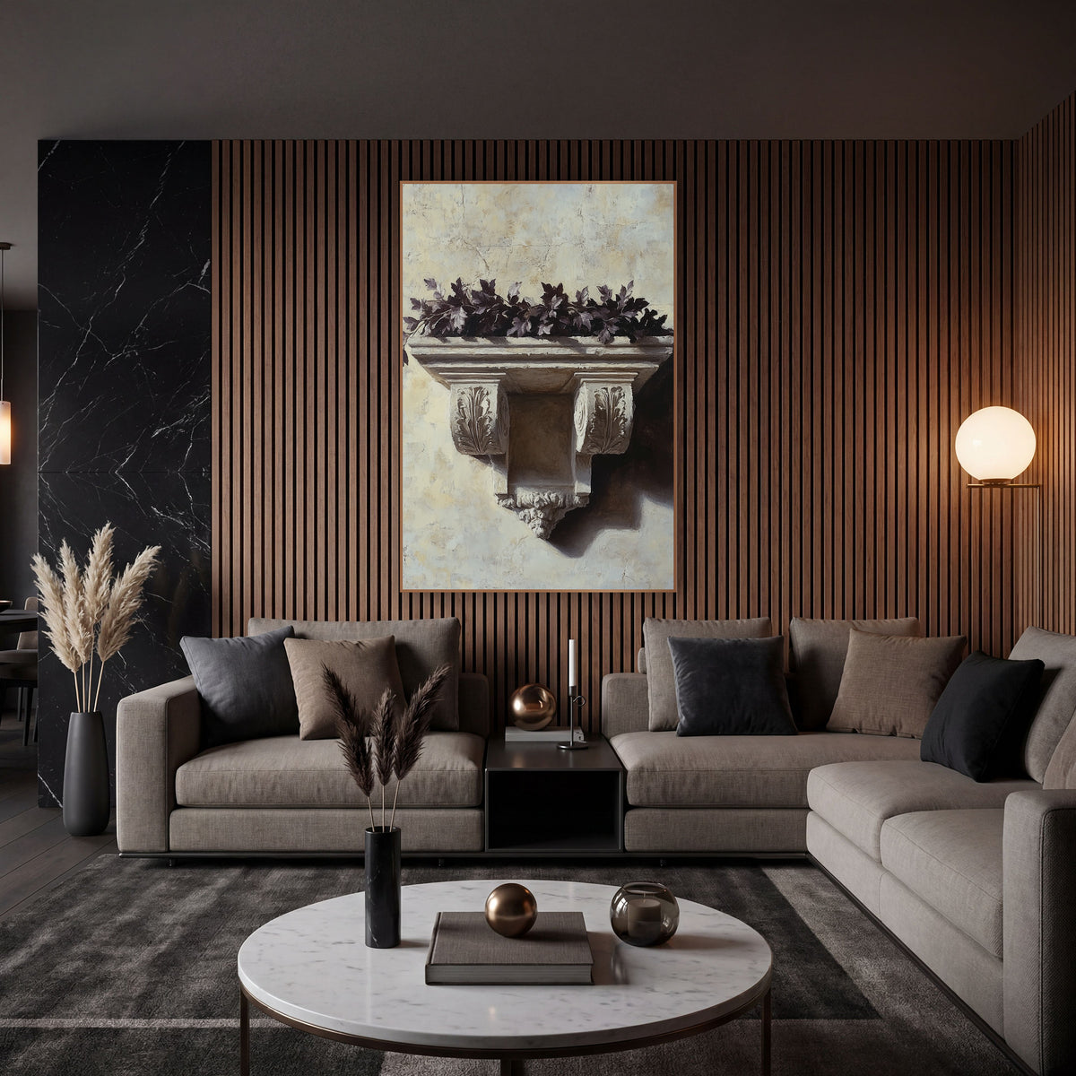 Carved Stone Bracket Dark Leaves Classical wall art in an elegant modern room – carved stone bracket with leaf details