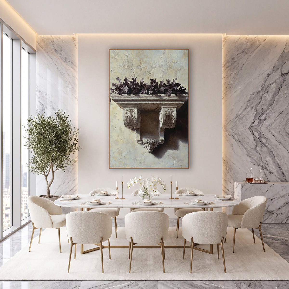 Carved Stone Bracket Dark Leaves Classical wall art in an elegant modern room – carved stone bracket with leaf details