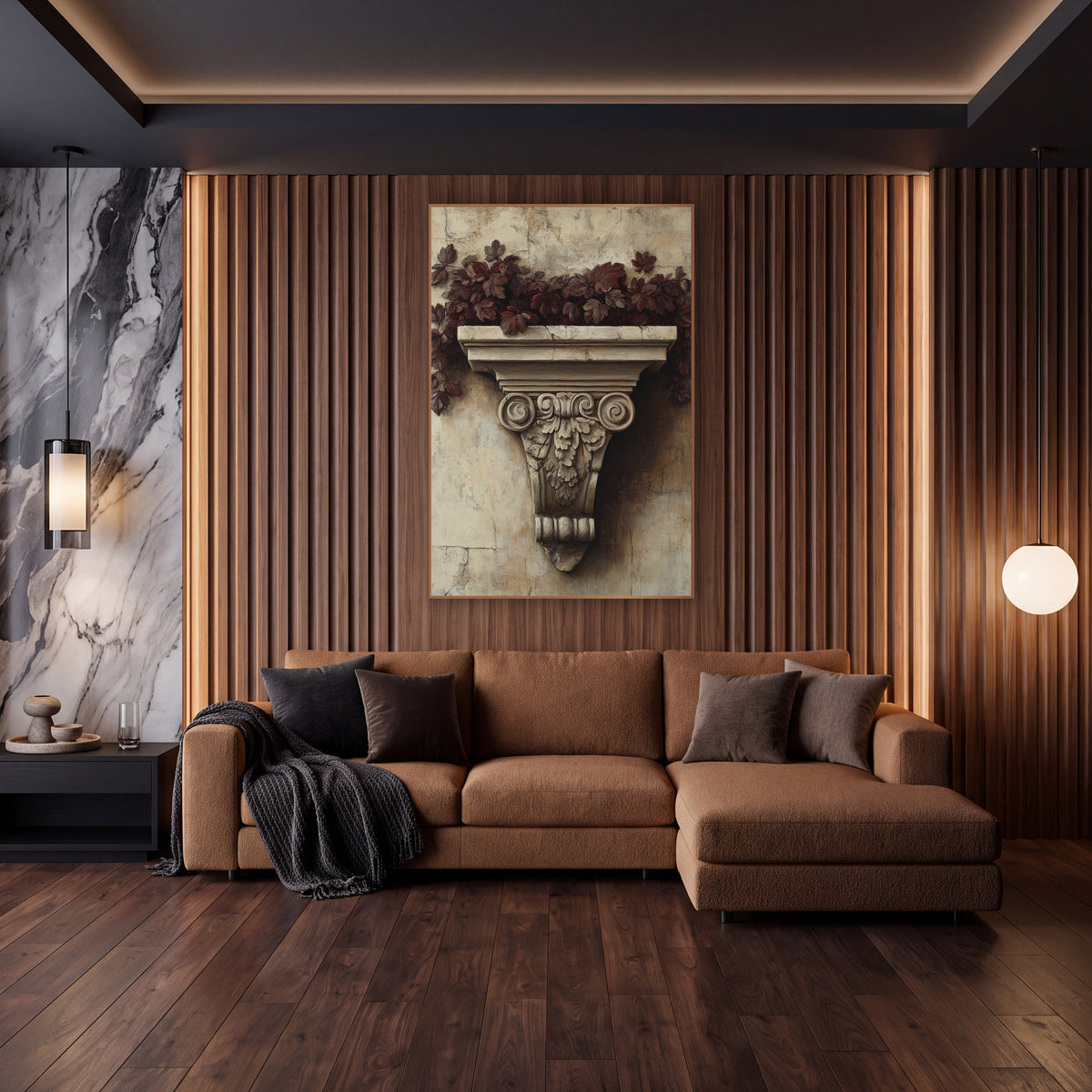 Burgundy Leaf Carved Bracket Classical wall art in an elegant modern room – carved stone bracket with scrolls