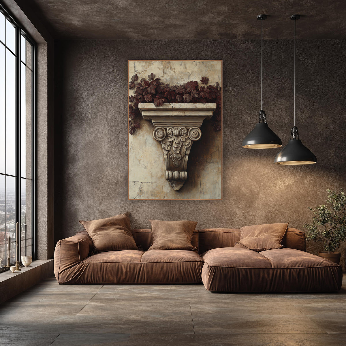 Burgundy Leaf Carved Bracket Classical wall art in an elegant modern room – carved stone bracket with scrolls