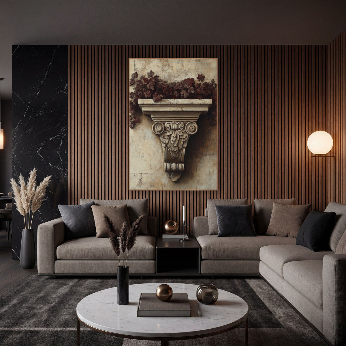 Burgundy Leaf Carved Bracket Classical wall art in an elegant modern room – carved stone bracket with scrolls