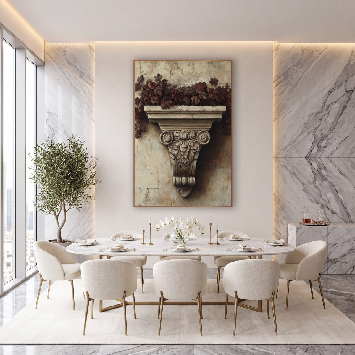 Burgundy Leaf Carved Bracket Classical wall art in an elegant modern room – carved stone bracket with scrolls