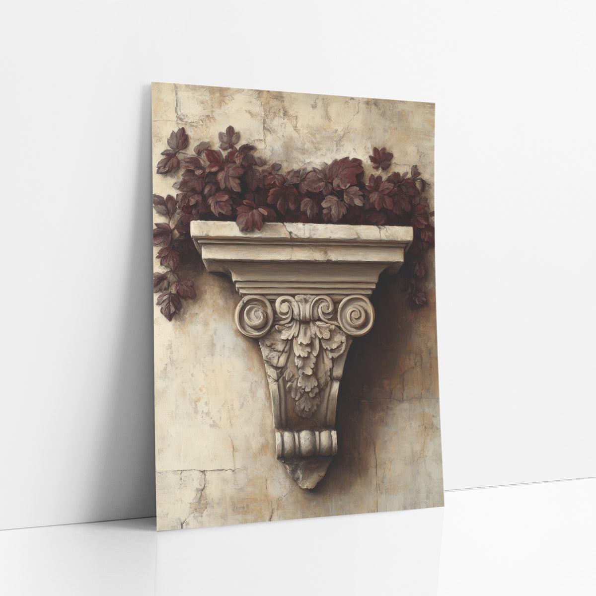 Burgundy Leaf Carved Bracket Classical art print leaning against a white wall – carved stone bracket with scrolls and leaves