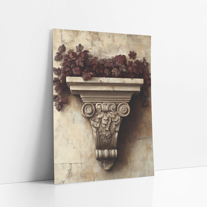 Burgundy Leaf Carved Bracket Classical art print leaning against a white wall – carved stone bracket with scrolls and leaves
