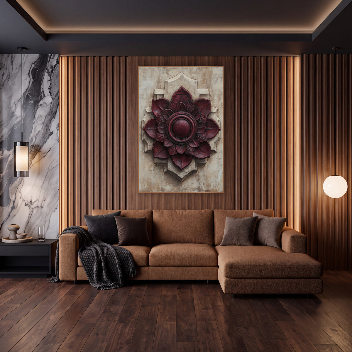 Wine Red Rosette Old World wall art in an elegant modern room – burgundy rosette medallion with layered petals