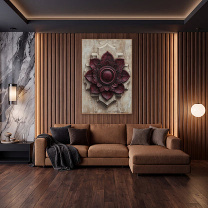 Wine Red Rosette Old World wall art in an elegant modern room – burgundy rosette medallion with layered petals