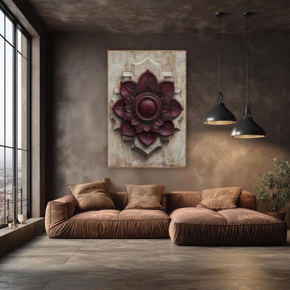 Wine Red Rosette Old World wall art in an elegant modern room – burgundy rosette medallion with layered petals