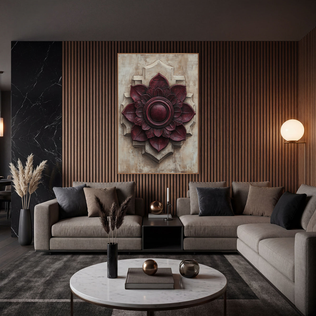 Wine Red Rosette Old World wall art in an elegant modern room – burgundy rosette medallion with layered petals