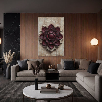Wine Red Rosette Old World wall art in an elegant modern room – burgundy rosette medallion with layered petals