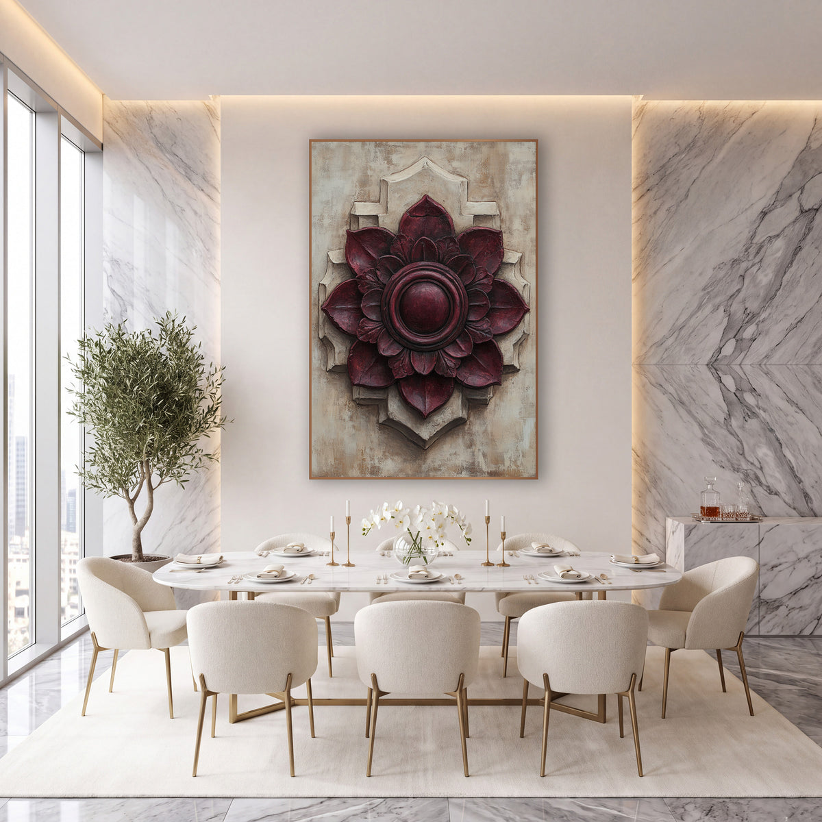 Wine Red Rosette Old World wall art in an elegant modern room – burgundy rosette medallion with layered petals