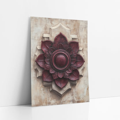 Wine Red Rosette Old World art print leaning against a white wall – burgundy rosette medallion with layered petals