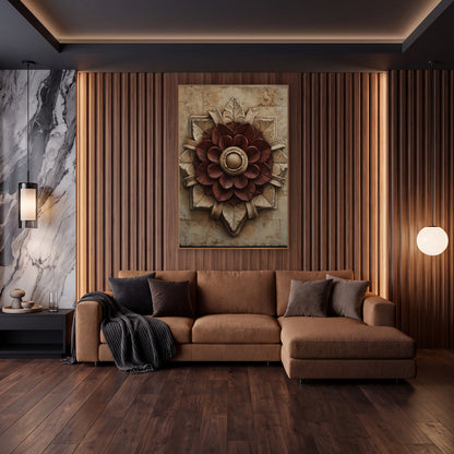 Wine Rosette Starburst Classic Luxe wall art in an elegant modern room – burgundy rosette medallion with cream carved
