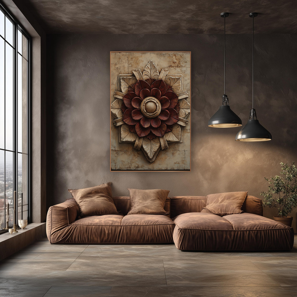 Wine Rosette Starburst Classic Luxe wall art in an elegant modern room – burgundy rosette medallion with cream carved