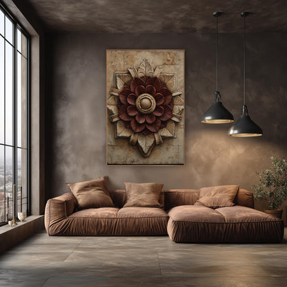 Wine Rosette Starburst Classic Luxe wall art in an elegant modern room – burgundy rosette medallion with cream carved