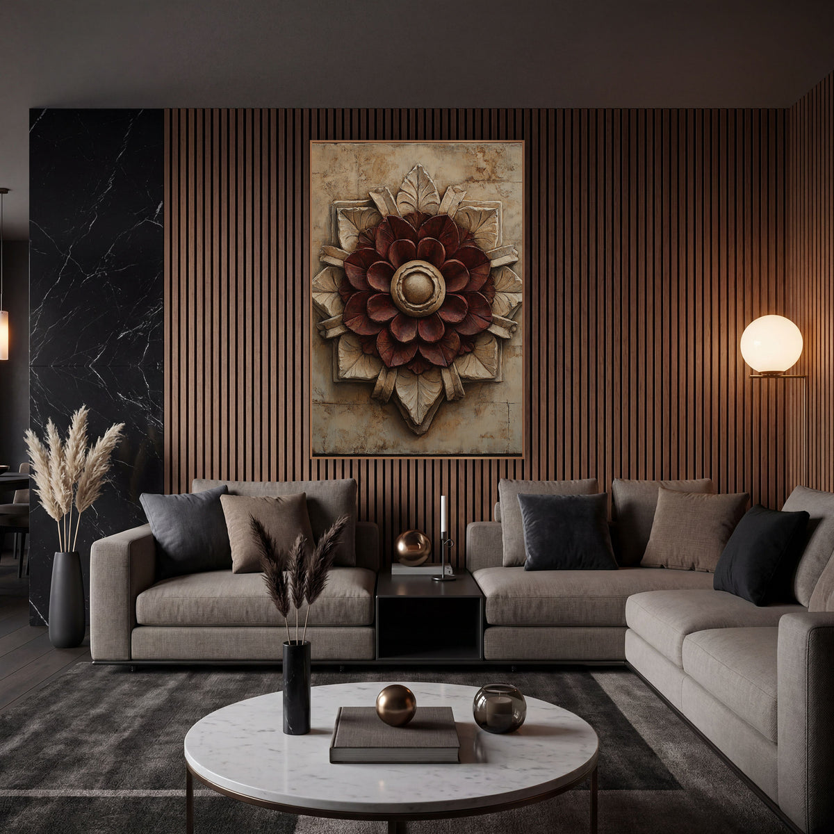 Wine Rosette Starburst Classic Luxe wall art in an elegant modern room – burgundy rosette medallion with cream carved