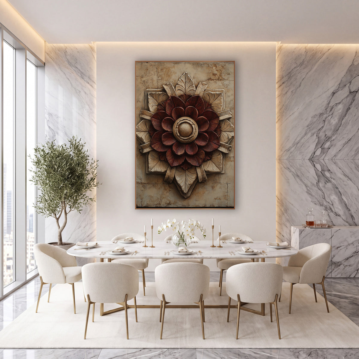 Wine Rosette Starburst Classic Luxe wall art in an elegant modern room – burgundy rosette medallion with cream carved