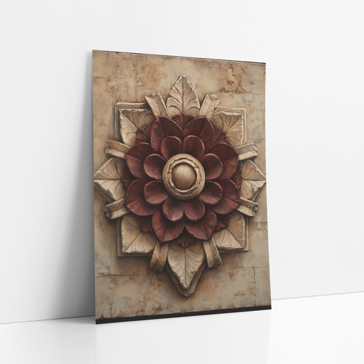 Wine Rosette Starburst Classic Luxe art print leaning against a white wall – burgundy rosette medallion with cream carved