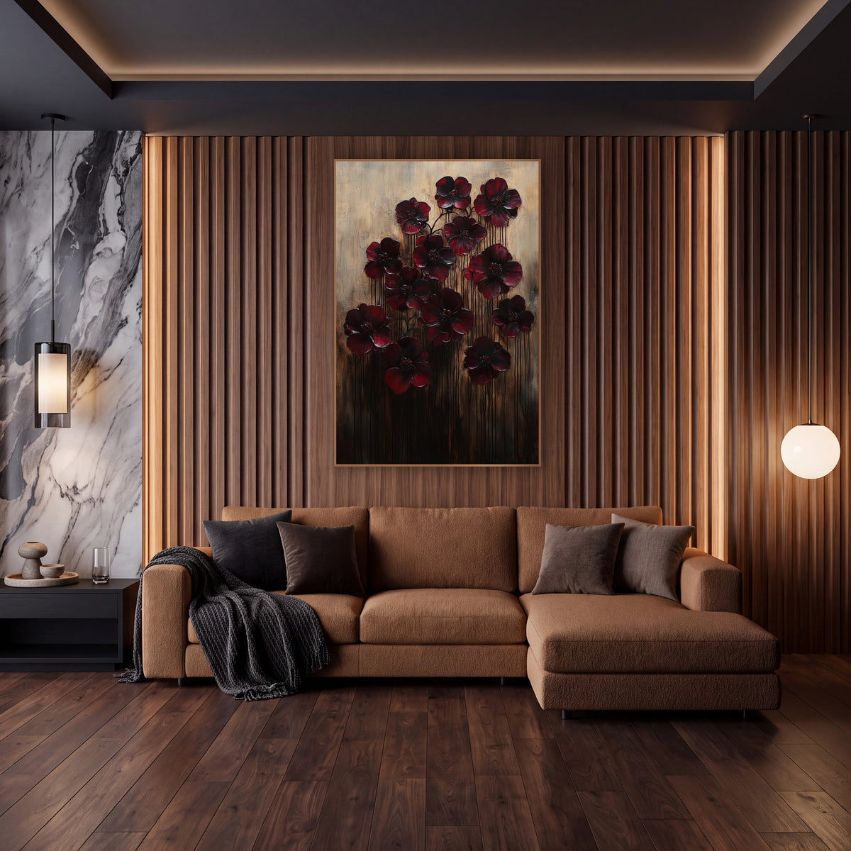 Twelve Crimson Poppies Dripping Gilded wall art in an elegant modern room – thirteen dark burgundy flowers with beaded