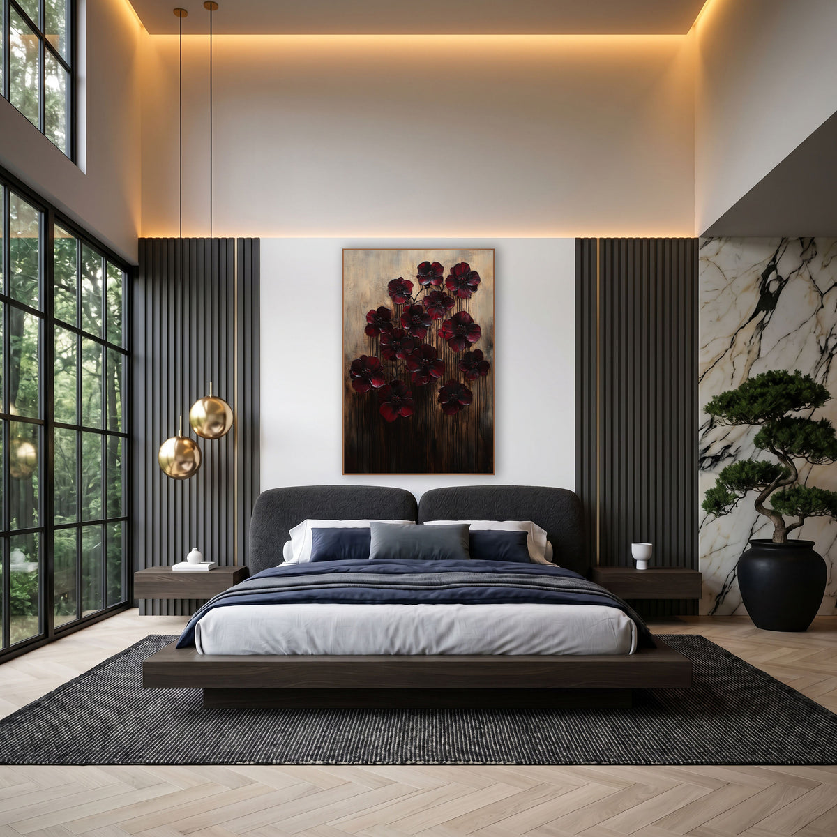Twelve Crimson Poppies Dripping Gilded wall art in an elegant modern room – thirteen dark burgundy flowers with beaded