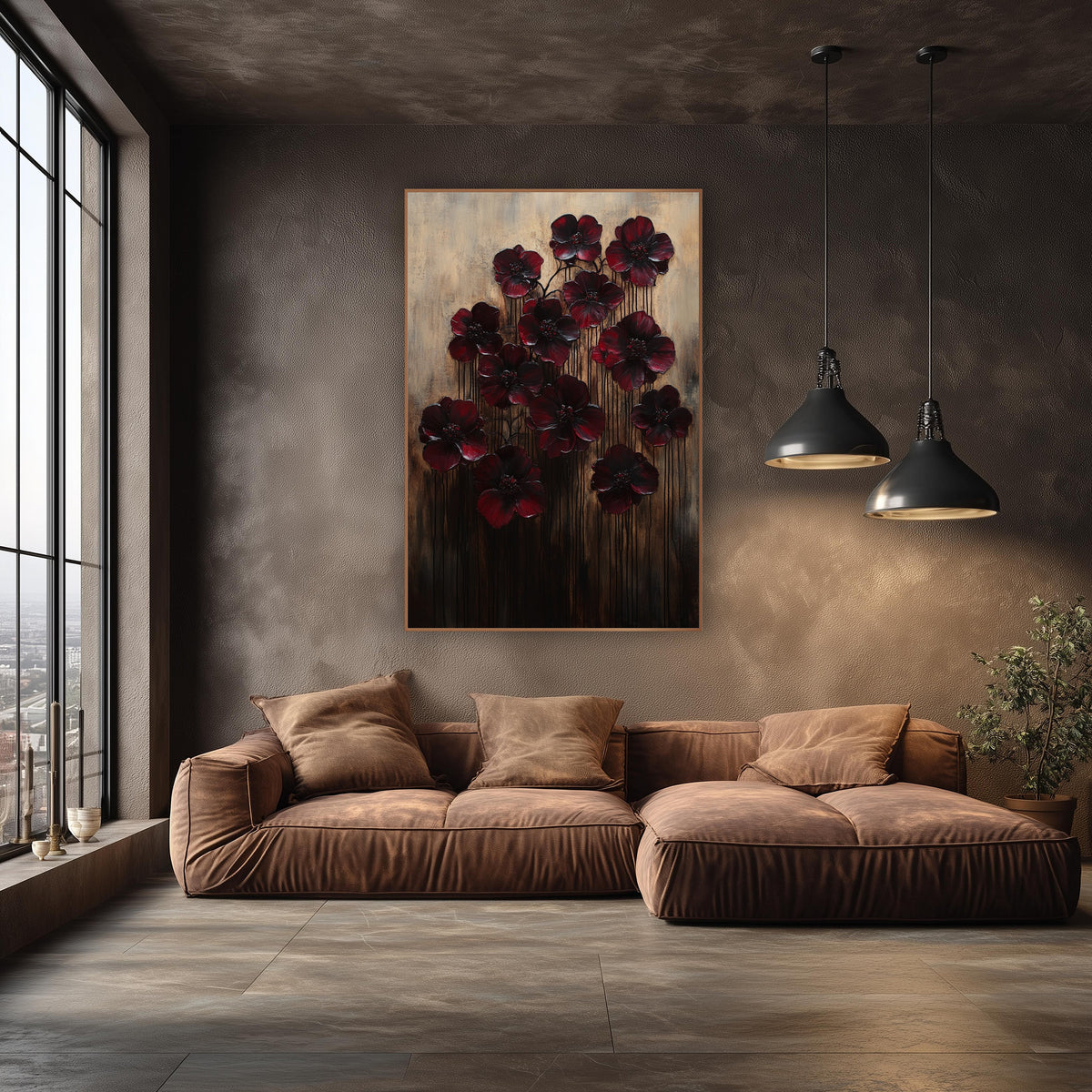 Twelve Crimson Poppies Dripping Gilded wall art in an elegant modern room – thirteen dark burgundy flowers with beaded