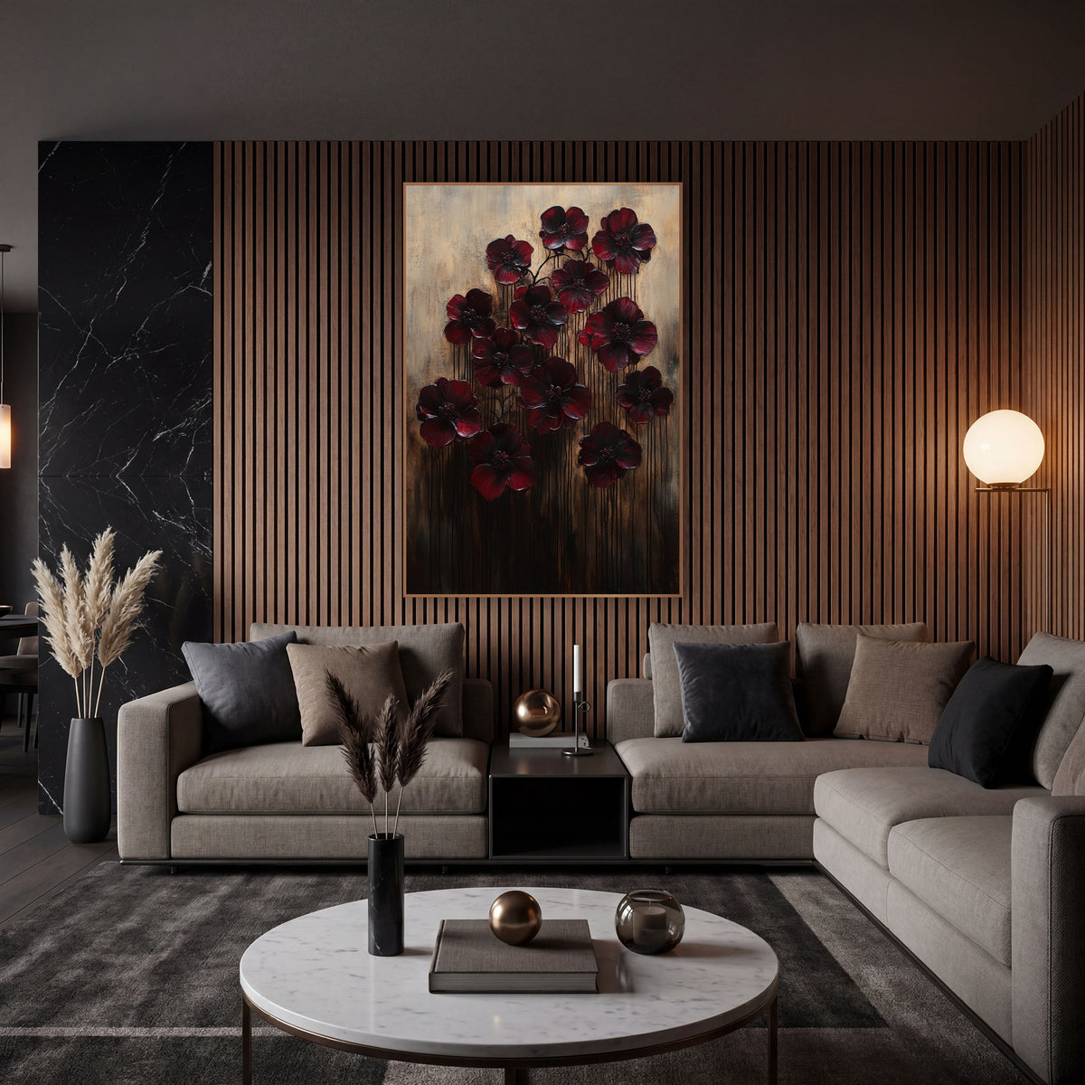 Twelve Crimson Poppies Dripping Gilded wall art in an elegant modern room – thirteen dark burgundy flowers with beaded