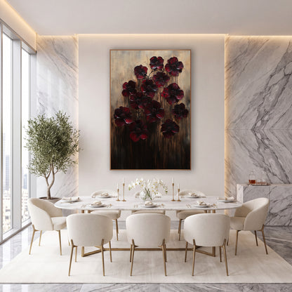 Twelve Crimson Poppies Dripping Gilded wall art in an elegant modern room – thirteen dark burgundy flowers with beaded