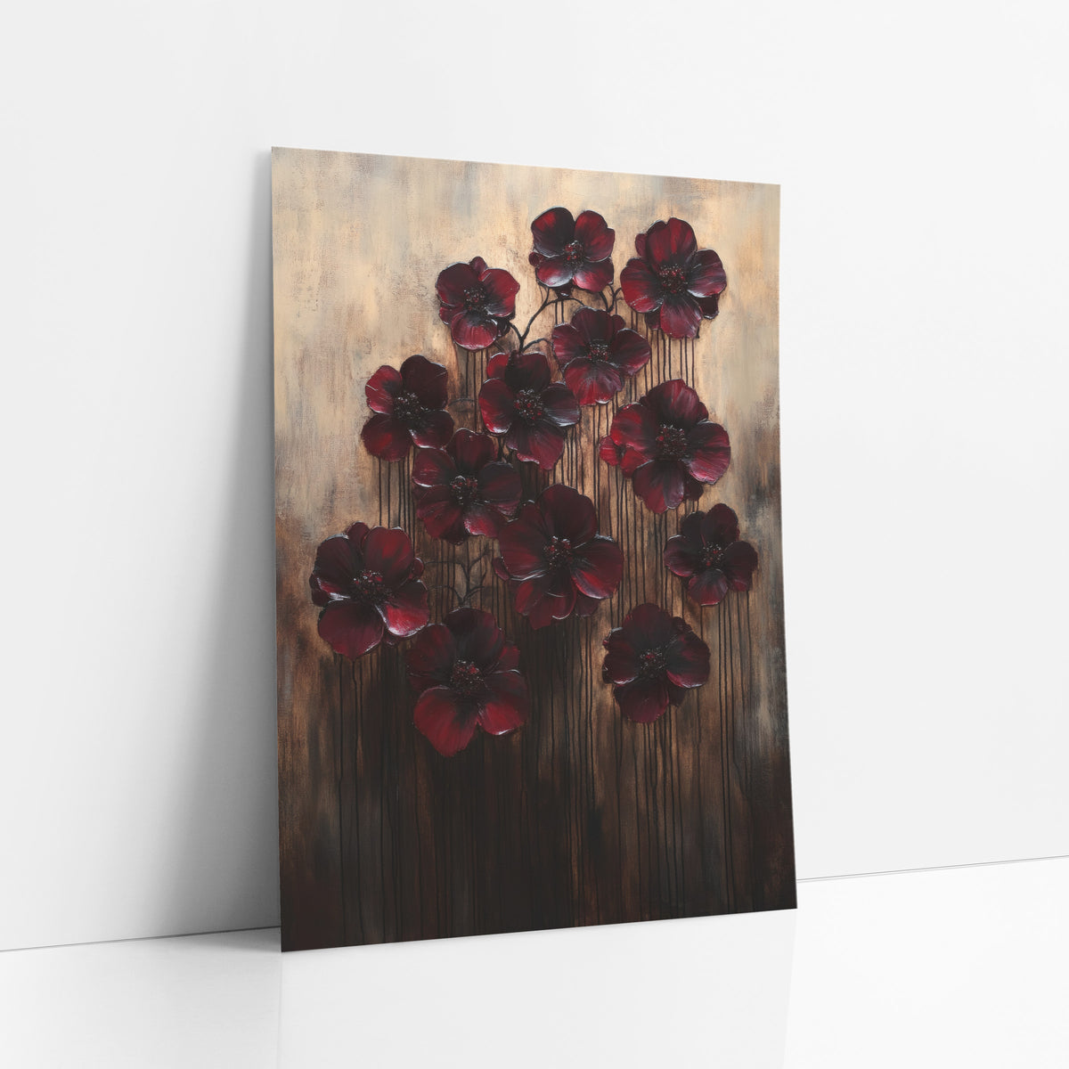 Twelve Crimson Poppies Dripping Gilded art print leaning against a white wall – thirteen dark burgundy flowers with beaded