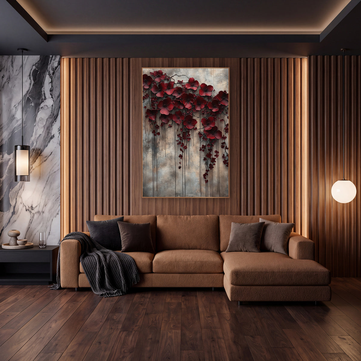 Weeping Crimson Blossoms Moody Luxe wall art in an elegant modern room – large burgundy flowers and small red buds