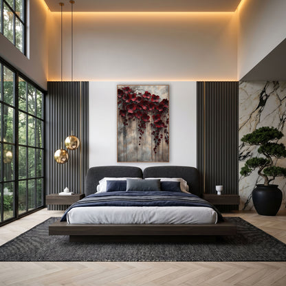 Weeping Crimson Blossoms Moody Luxe wall art in an elegant modern room – large burgundy flowers and small red buds