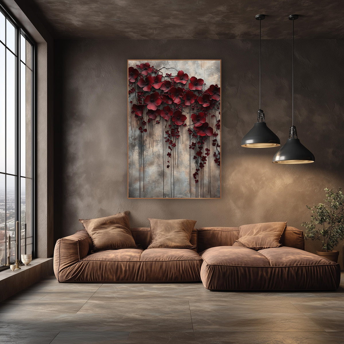 Weeping Crimson Blossoms Moody Luxe wall art in an elegant modern room – large burgundy flowers and small red buds