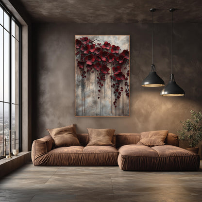 Weeping Crimson Blossoms Moody Luxe wall art in an elegant modern room – large burgundy flowers and small red buds