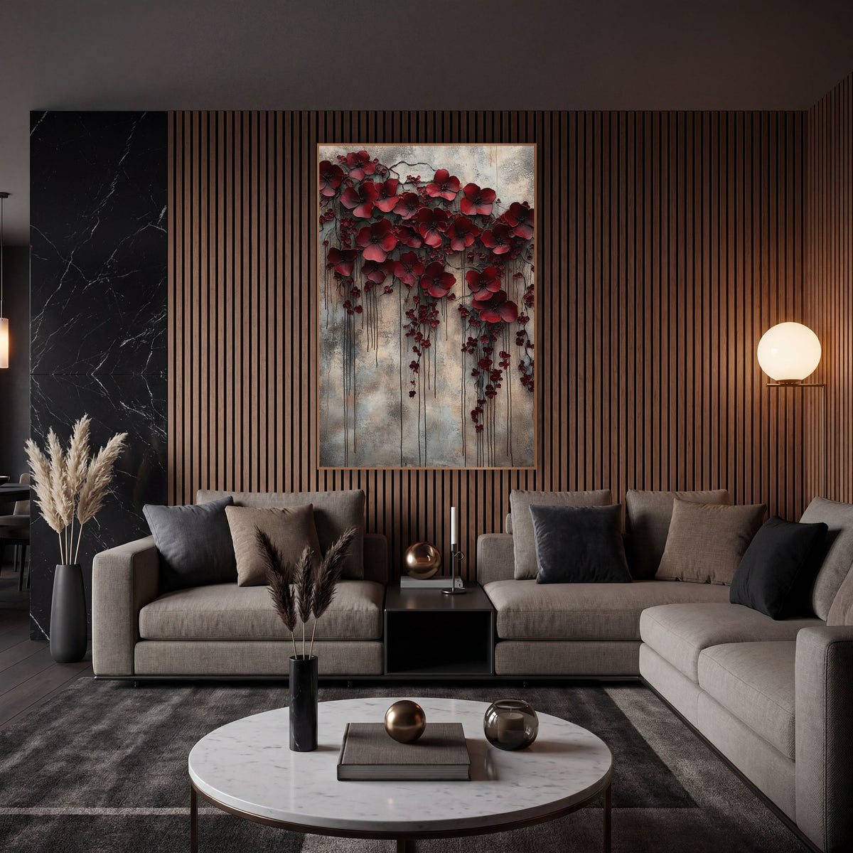 Weeping Crimson Blossoms Moody Luxe wall art in an elegant modern room – large burgundy flowers and small red buds