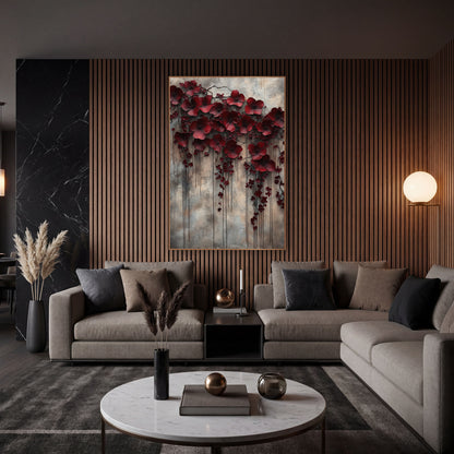Weeping Crimson Blossoms Moody Luxe wall art in an elegant modern room – large burgundy flowers and small red buds
