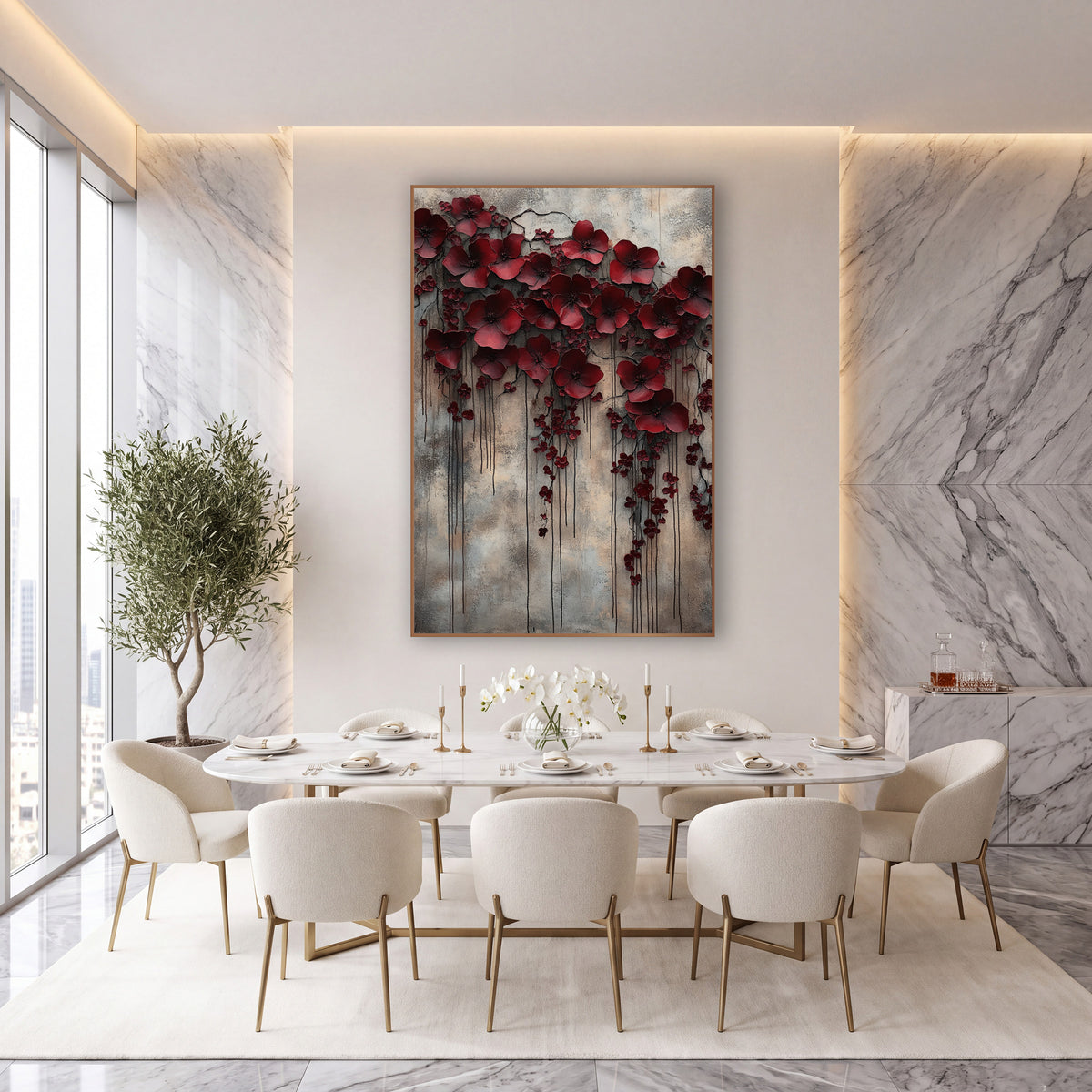 Weeping Crimson Blossoms Moody Luxe wall art in an elegant modern room – large burgundy flowers and small red buds