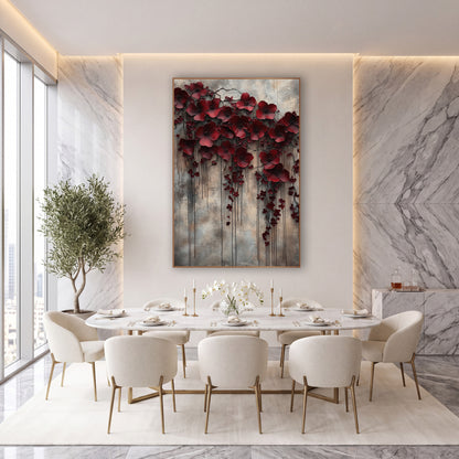 Weeping Crimson Blossoms Moody Luxe wall art in an elegant modern room – large burgundy flowers and small red buds