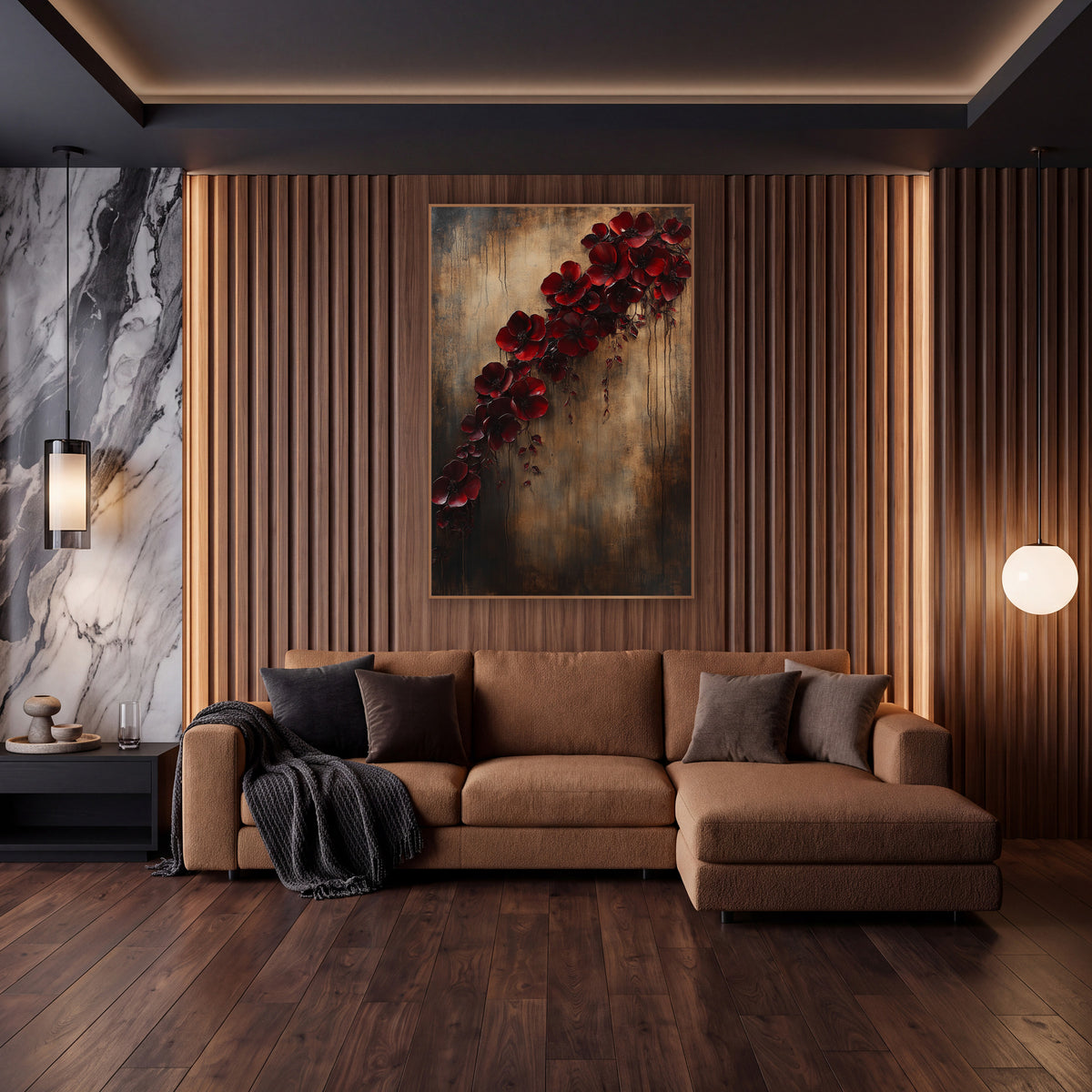 Diagonal Scarlet Blossom Trail Rustic wall art in an elegant modern room – cascading burgundy red blossoms