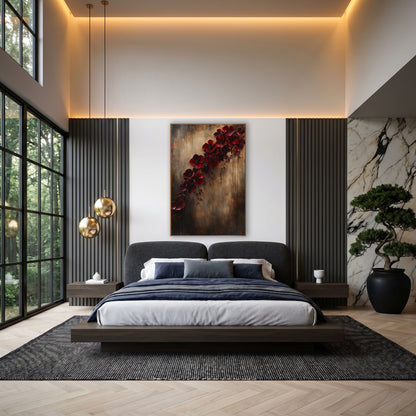 Diagonal Scarlet Blossom Trail Rustic wall art in an elegant modern room – cascading burgundy red blossoms