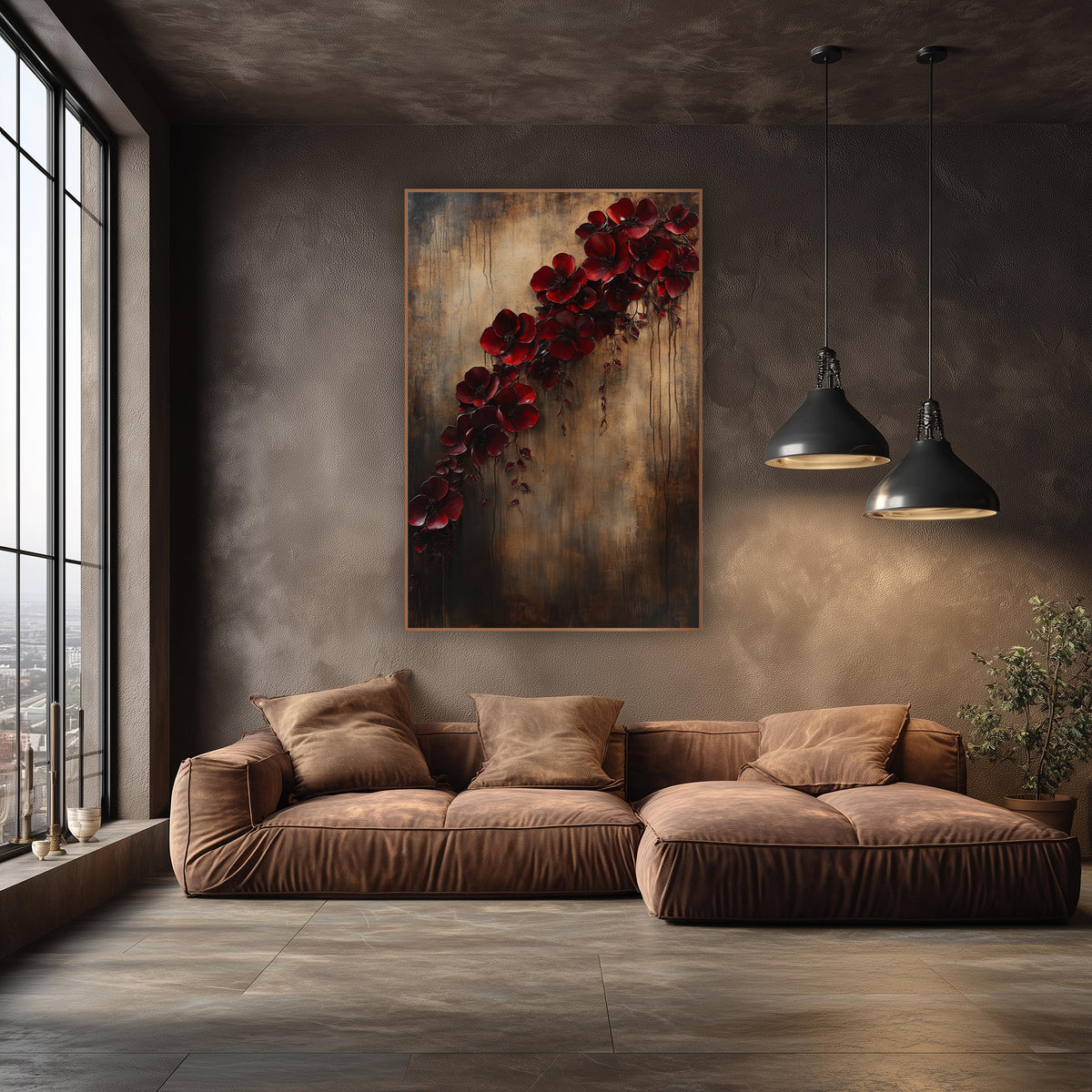 Diagonal Scarlet Blossom Trail Rustic wall art in an elegant modern room – cascading burgundy red blossoms
