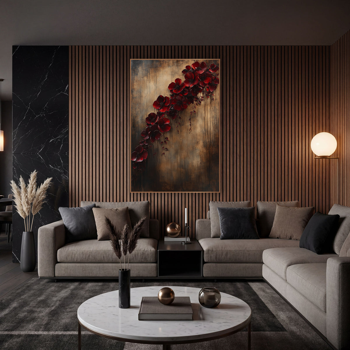 Diagonal Scarlet Blossom Trail Rustic wall art in an elegant modern room – cascading burgundy red blossoms