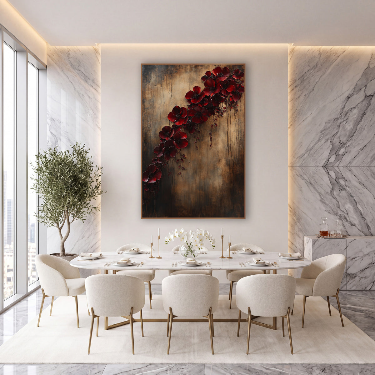 Diagonal Scarlet Blossom Trail Rustic wall art in an elegant modern room – cascading burgundy red blossoms