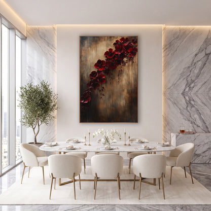 Diagonal Scarlet Blossom Trail Rustic wall art in an elegant modern room – cascading burgundy red blossoms