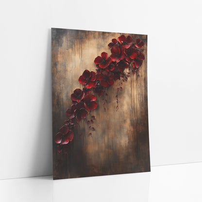 Diagonal Scarlet Blossom Trail Rustic art print leaning against a white wall – cascading burgundy red blossoms with trailing