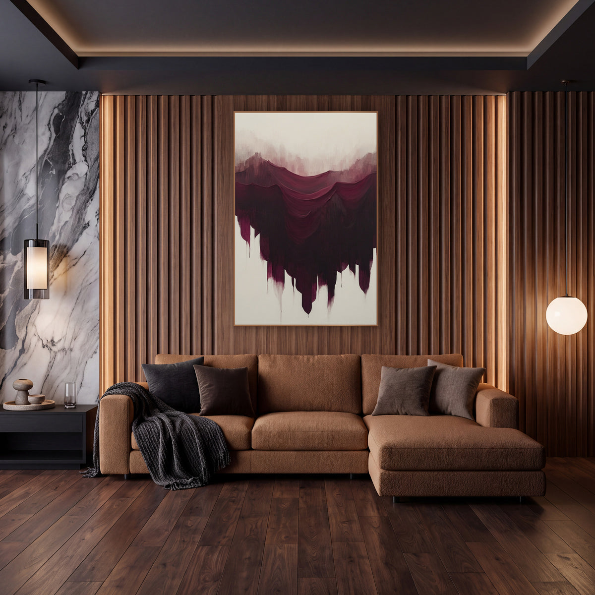 Burgundy Cascading Abstract Luxe wall art in an elegant modern room – abstract burgundy and plum strokes draped like