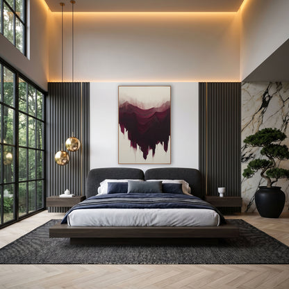Burgundy Cascading Abstract Luxe wall art in an elegant modern room – abstract burgundy and plum strokes draped like
