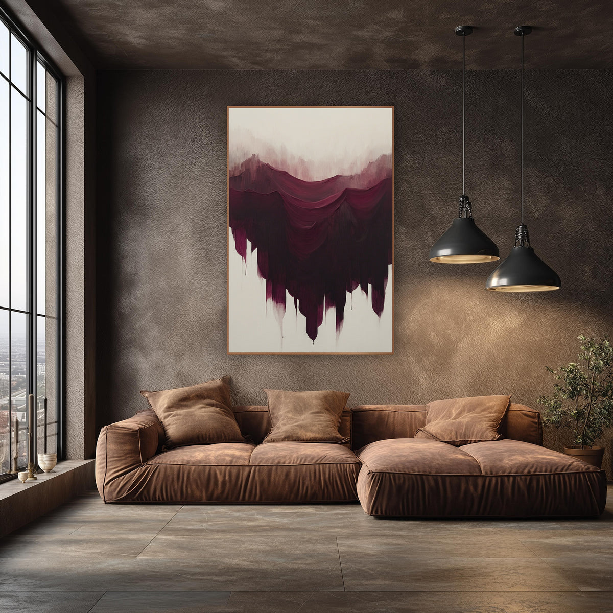 Burgundy Cascading Abstract Luxe wall art in an elegant modern room – abstract burgundy and plum strokes draped like