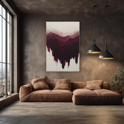 Burgundy Cascading Abstract Luxe wall art in an elegant modern room – abstract burgundy and plum strokes draped like