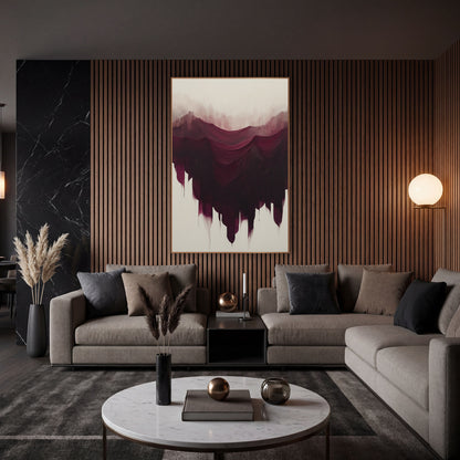 Burgundy Cascading Abstract Luxe wall art in an elegant modern room – abstract burgundy and plum strokes draped like