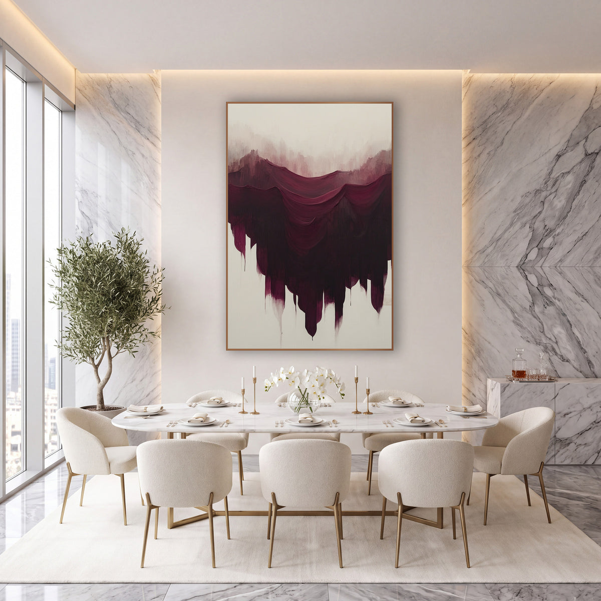 Burgundy Cascading Abstract Luxe wall art in an elegant modern room – abstract burgundy and plum strokes draped like
