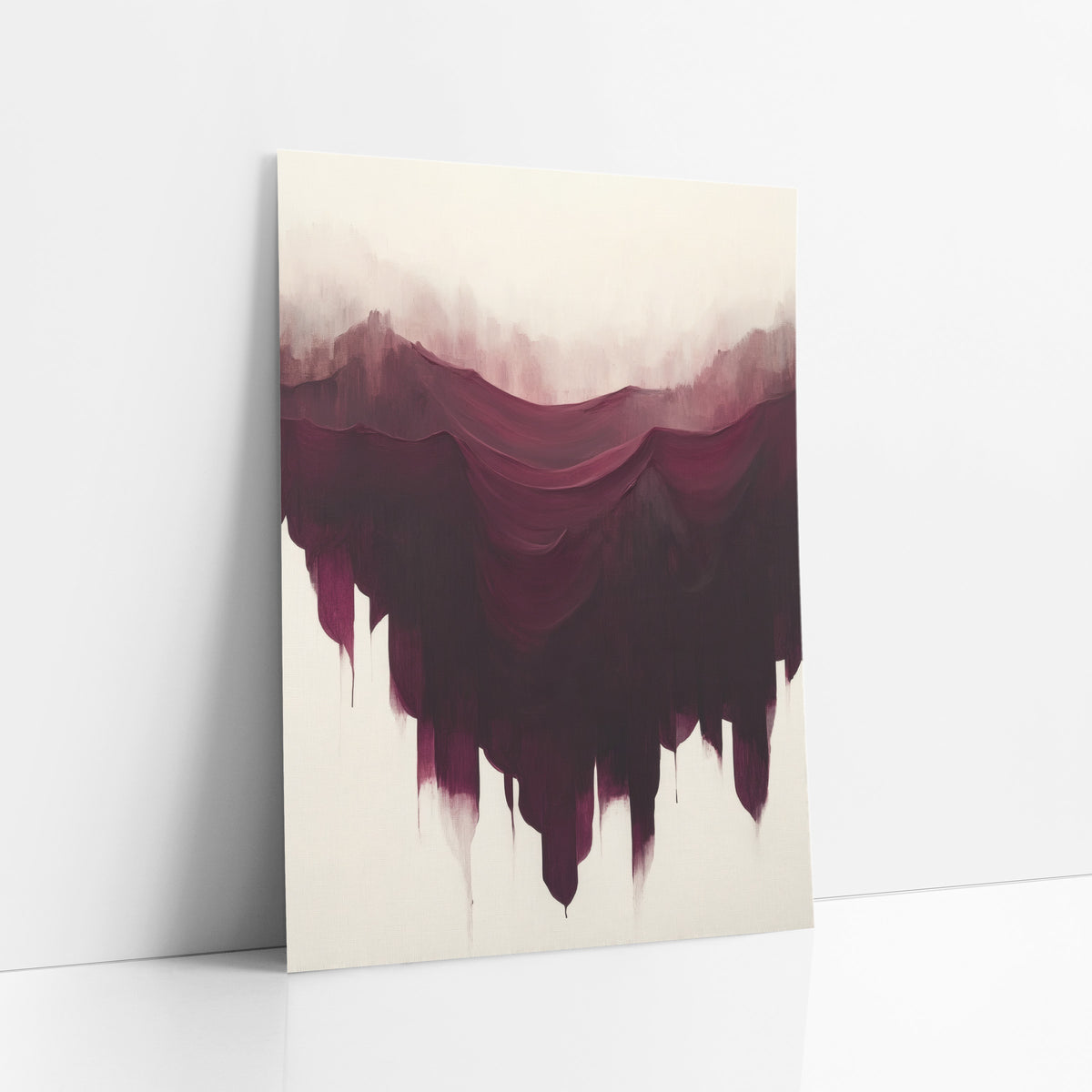 Burgundy Cascading Abstract Luxe art print leaning against a white wall – abstract burgundy and plum strokes draped like silk