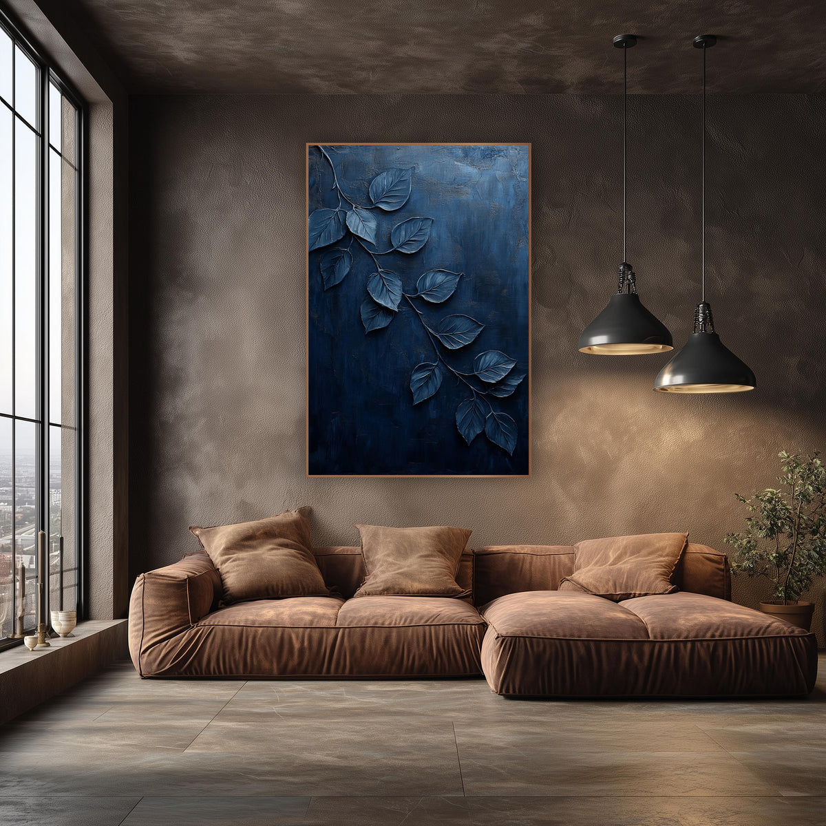 Navy Cascading Leaves Botanical wall art in an elegant modern room – cascading branch of veined leaves with pale edges